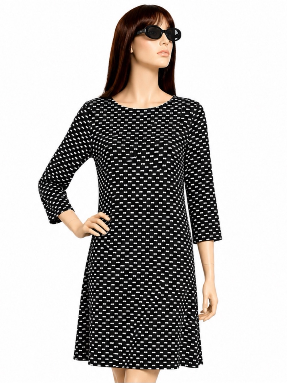 CeCe Black Shift Long Sleeve White Mini Bow Print Dress Size 4